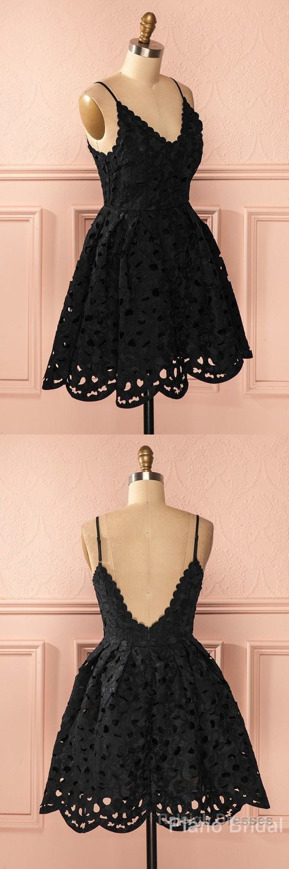 A Line Spaghetti Straps Backless Short Black Lace Homecoming Dress Secondary image