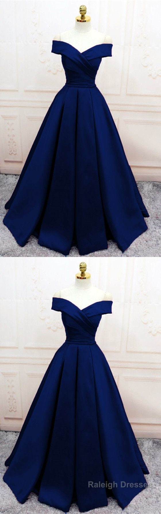 Navy Blue Satin V Neck Off Shoulder Prom Dresses, Long Evening Gowns Main image