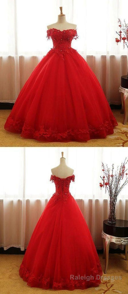 A Line Red Ball Gowns Tulle Off Shoulder Long Prom Dresses Main image