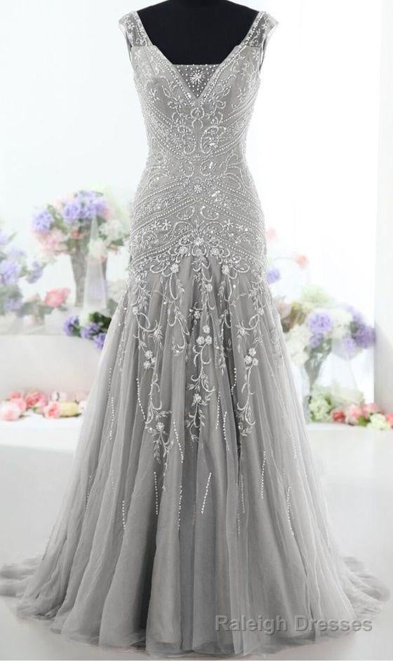 Silver Long Back Up Lace V Neck Beading Prom Dresses, Modest Prom Dresses, Charming Prom Dresses Main image