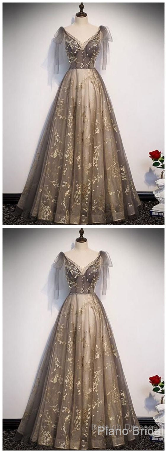Elegant V Neck Gray Gold Tulle Lace Long Prom Dress, Tulle Formal Dress Secondary image