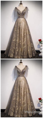 Elegant V Neck Gray Gold Tulle Lace Long Prom Dress, Tulle Formal Dress