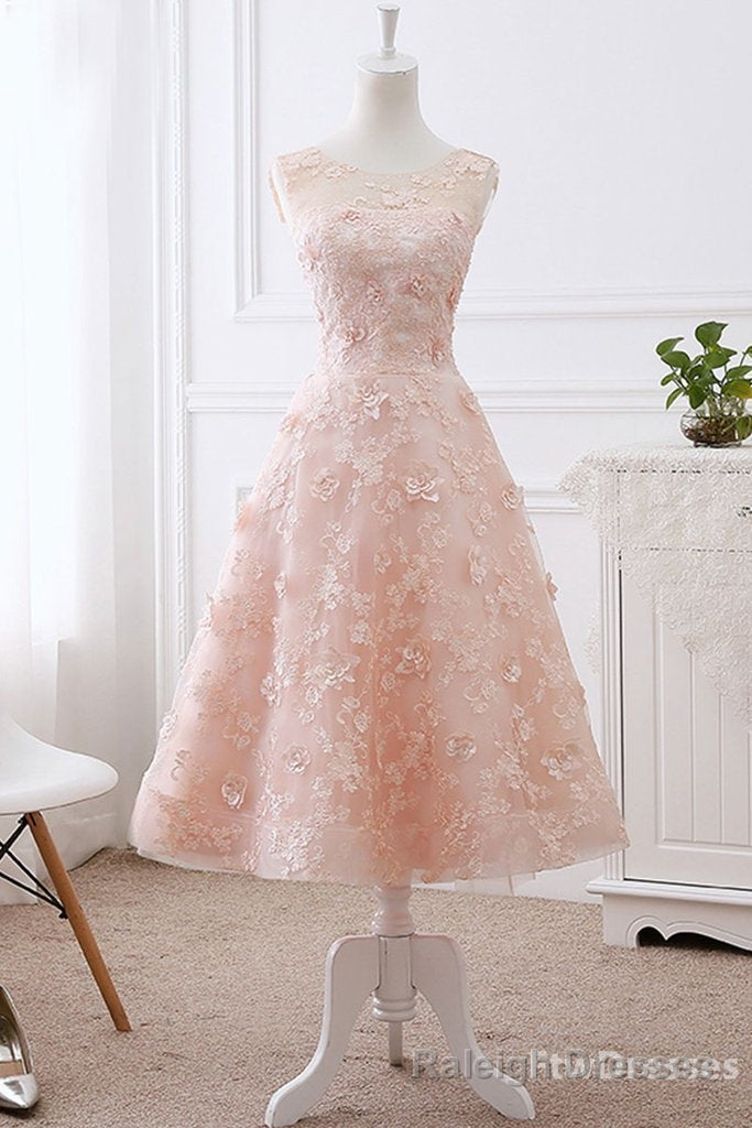 pink lace round neck tea length prom dress lace Prom dress Secondary image