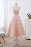 pink lace round neck tea length prom dress lace Prom dress
