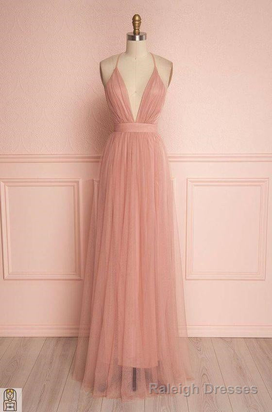 Deep V Neck Prom Dress, Blush Pink Floor Length Tulle Wedding Party Dress, Spaghetti Straps Main image