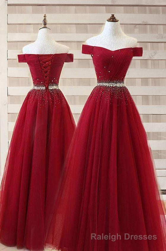 Burgundy A Line Off The Shoulder Sweetheart Prom Dresses, Beads Evening Dresses Main image