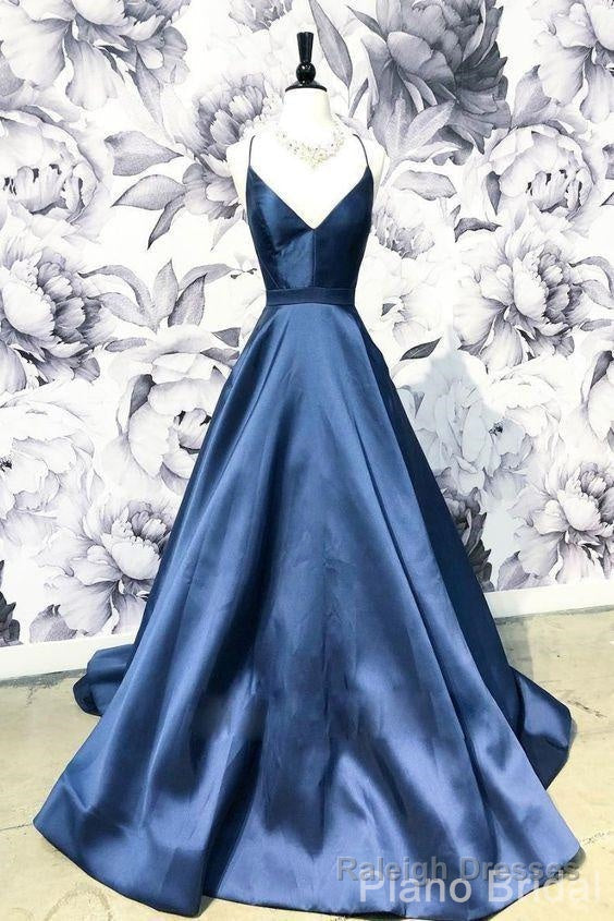 A Line Blue Spaghetti Straps Satin Prom Dresses, V Neck Blue Sexy Evening Party Dress Secondary image