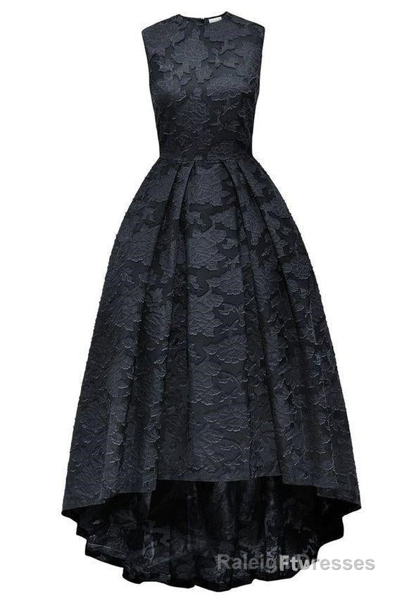 black lace round neck high low sleeveless a line long Prom Dress