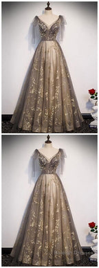 Elegant V Neck Gray Gold Tulle Lace Long Prom Dress, Tulle Formal Dress