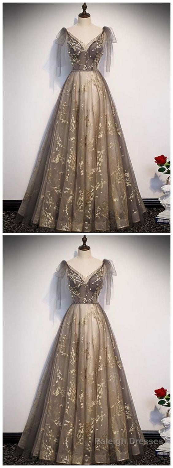 Elegant V Neck Gray Gold Tulle Lace Long Prom Dress, Tulle Formal Dress