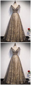 Elegant V Neck Gray Gold Tulle Lace Long Prom Dress, Tulle Formal Dress