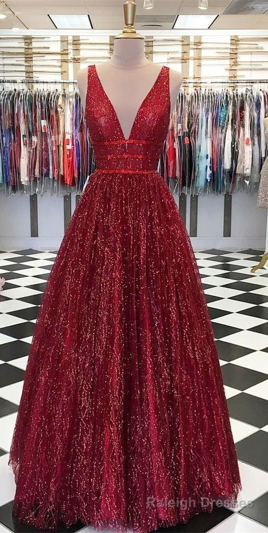 Sparkly Ball Gown V Neck Open Back Burgundy Sequins Long Prom Dresses, Unique Evening Dresses Main image