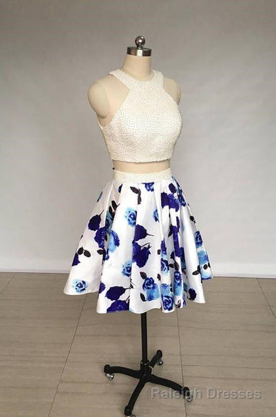 Two Piece Ivory Jewel Floral Print Satin Short Homecoming Dress With Pearls