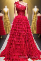 One Shoulder Lace and Tulle Tiered Ruffle Prom Dress