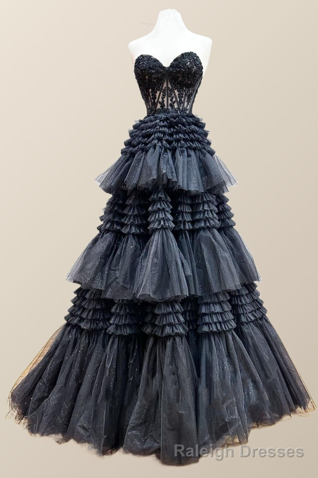 Sweetheart Black Lace Appliques Tiered Long Formal Dress Main image
