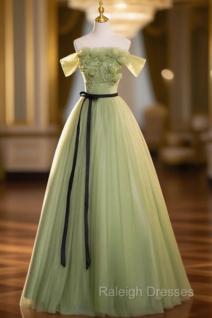 Geen Tulle A Line Prom Dresses with FLowers Off Shoulder Tulle Prom Dresses Main image