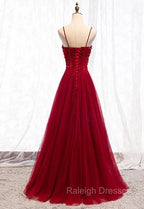 Gemgrace Burgundy Prom Dresses, Long Tulle Formal Dress With Straps