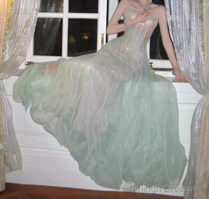 Gentle A-Line Sequined Tulle Strapless Long Prom Dress Adult Ceremony Prom Dress