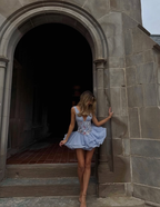 Gentle A-Line V Neck Embroidery Satin Layered Blue Chiffon Homecoming Dresses Birthday Dresses