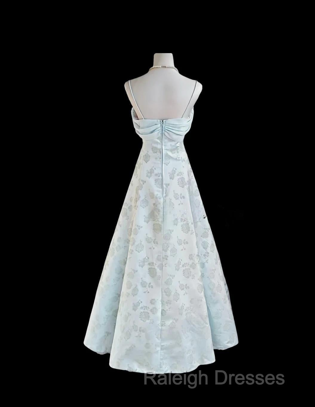 Gentle Blue A-Line Spaghetti Strap Satin Chiffon Long Prom Dress Birthday Dress Graduation Prom Dress