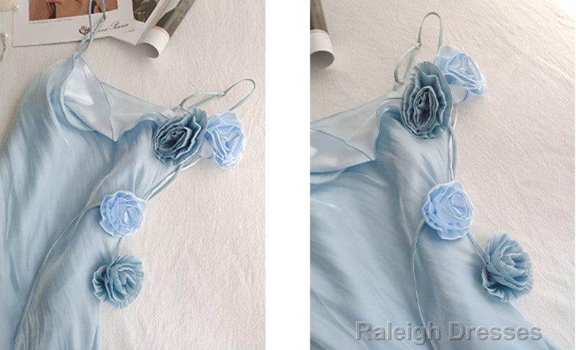 Gentle Blue Bodycon Dress Spaghetti Strap Chiffon Long Prom Dress Graduation Prom Dress