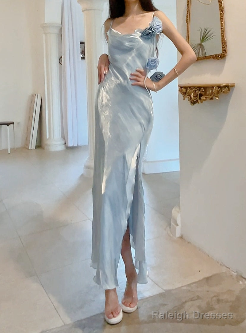 Gentle Blue Bodycon Dress Spaghetti Strap Chiffon Long Prom Dress Graduation Prom Dress