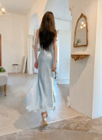 Gentle Blue Bodycon Dress Spaghetti Strap Chiffon Long Prom Dress Graduation Prom Dress