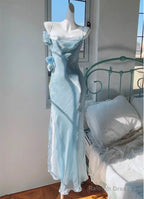 Gentle Blue Bodycon Dress Spaghetti Strap Chiffon Long Prom Dress Graduation Prom Dress