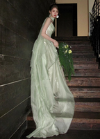 Gentle Light Green A-Line Strapless Layered Ruffled Tulle Train Formal Prom Dress