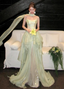 Gentle Light Green A-Line Strapless Layered Ruffled Tulle Train Formal Prom Dress