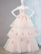 Gentle Pastel Layered A-Line Strapless Tulle Long Prom Dress Cute Applique Birthday Evening Dress