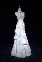 Sweet Spaghetti Straps Mermaid Prom Dress Pink Satin Layered Pleated Prom Dresses With Beading