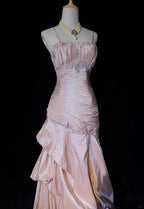 Sweet Spaghetti Straps Mermaid Prom Dress Pink Satin Layered Pleated Prom Dresses With Beading