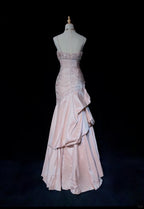 Sweet Spaghetti Straps Mermaid Prom Dress Pink Satin Layered Pleated Prom Dresses With Beading