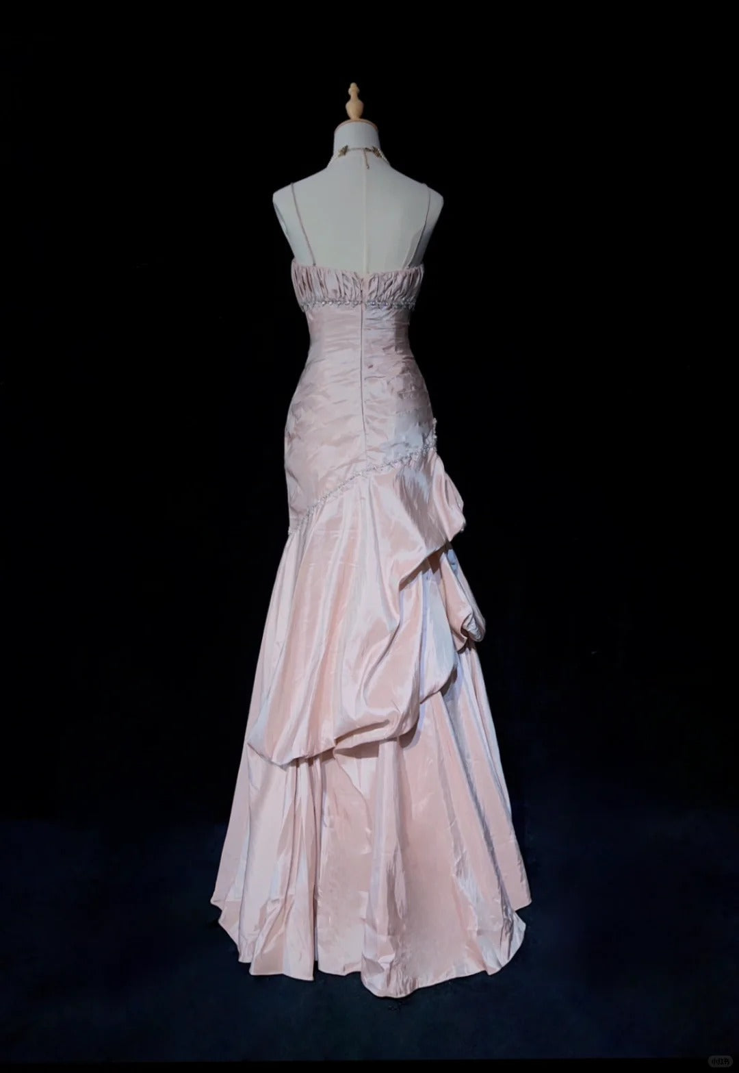 Sweet Spaghetti Straps Mermaid Prom Dress Pink Satin Layered Pleated Prom Dresses With Beading