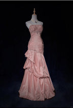 Sweet Spaghetti Straps Mermaid Prom Dress Pink Satin Layered Pleated Prom Dresses With Beading