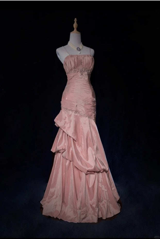 Sweet Spaghetti Straps Mermaid Prom Dress Pink Satin Layered Pleated Prom Dresses With Beading