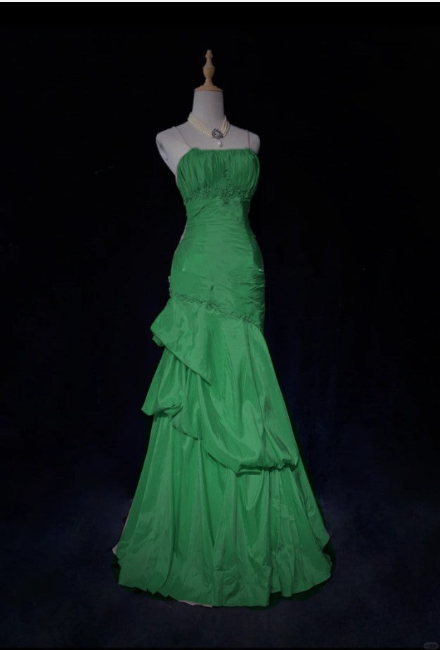 Sweet Spaghetti Straps Mermaid Prom Dress Pink Satin Layered Pleated Prom Dresses With Beading