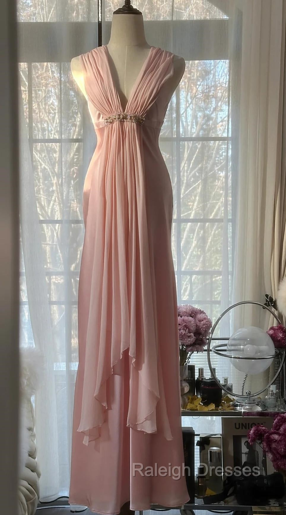 Gentle Pink Sheath Chiffon Ribbon V-Neck Simple Prom Dress Secondary image