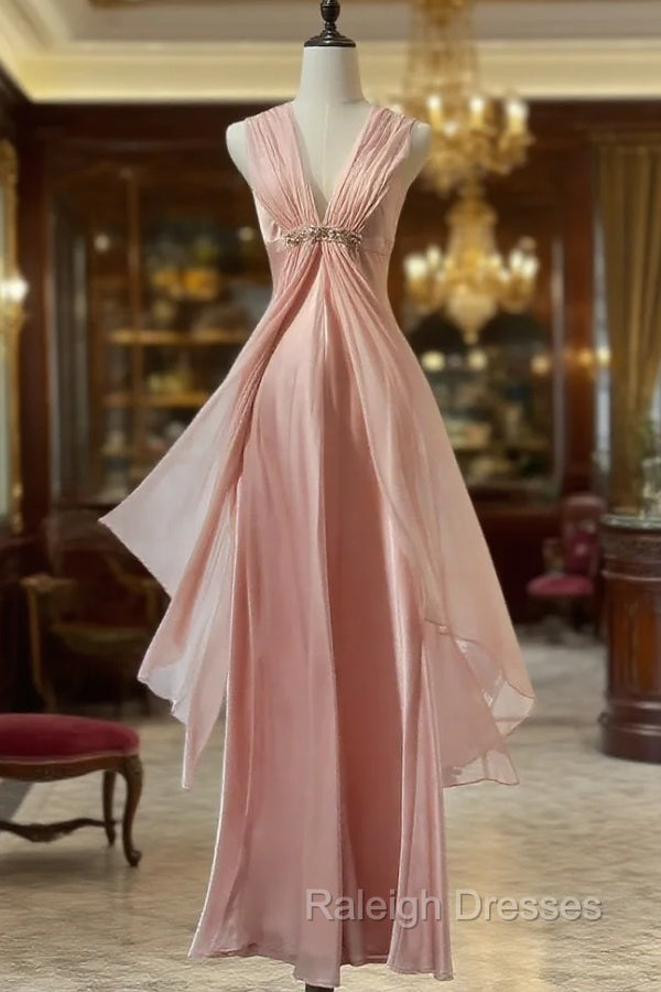 Gentle Pink Sheath Chiffon Ribbon V-Neck Simple Prom Dress Main image