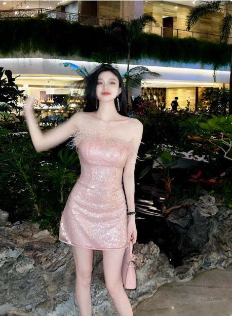 Gentle Pink Short Birthday Dress Tube Top Shimmering Homecoming Dress Main image