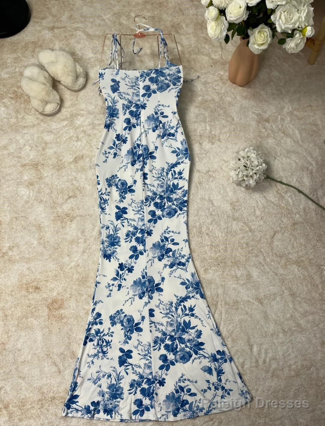 Gentle Print Spaghetti Strap Chiffon Mermaid Prom Dress