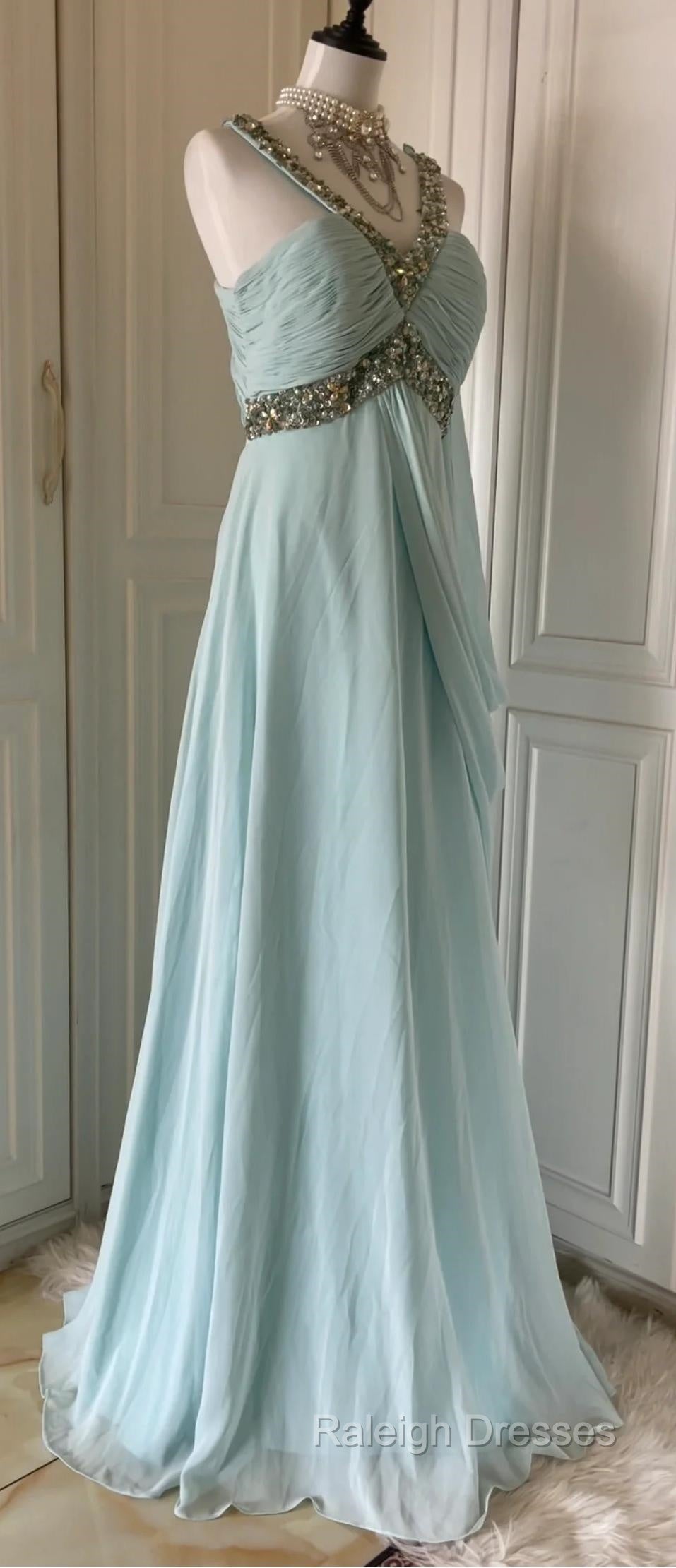 Gentle Tiffany Blue Chiffon V-Neck Beaded Sequin A-Line Long Prom Dress Wedding Evening Dress Secondary image