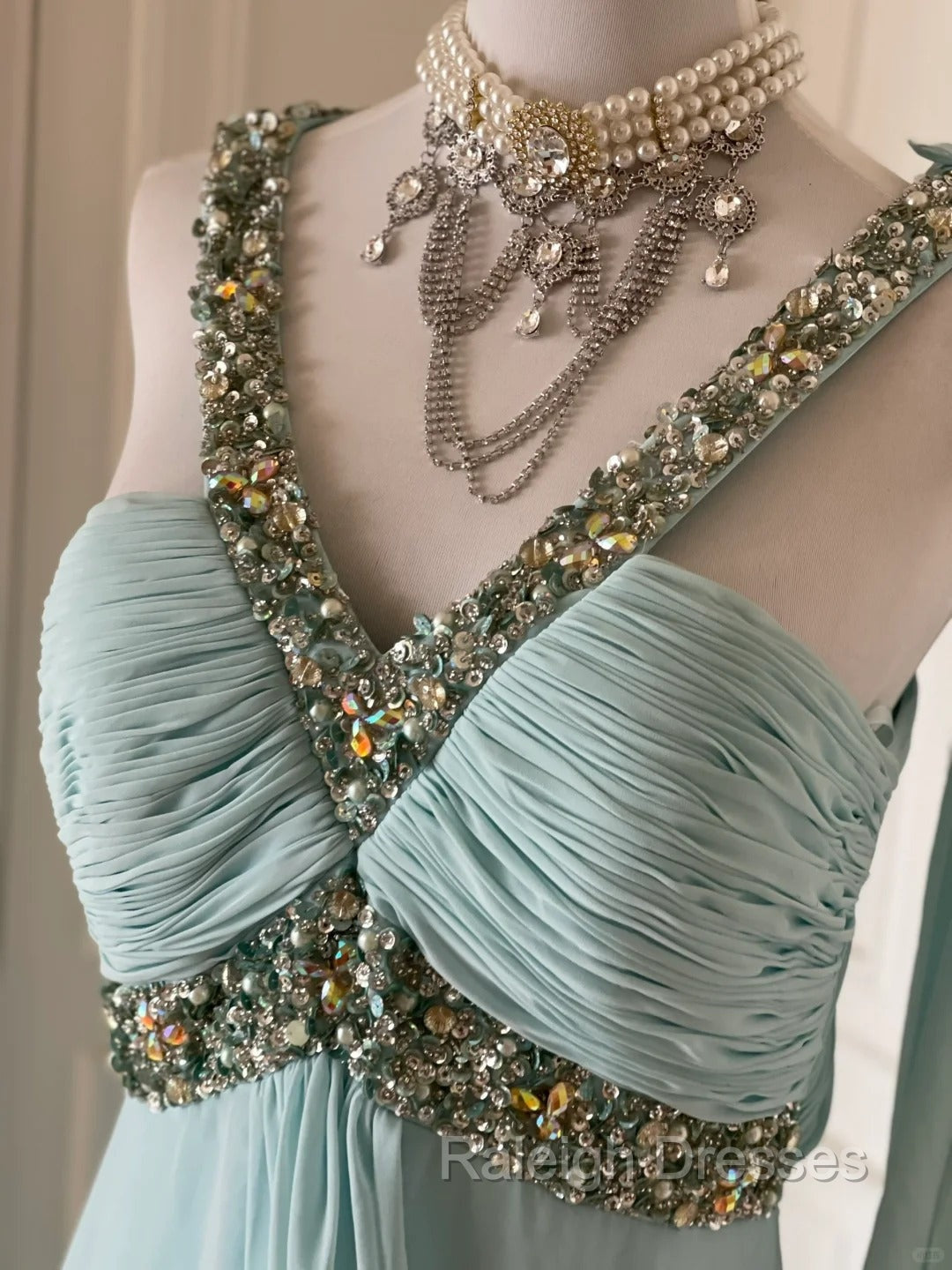 Gentle Tiffany Blue Chiffon V-Neck Beaded Sequin A-Line Long Prom Dress Wedding Evening Dress