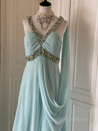 Gentle Tiffany Blue Chiffon V-Neck Beaded Sequin A-Line Long Prom Dress Wedding Evening Dress