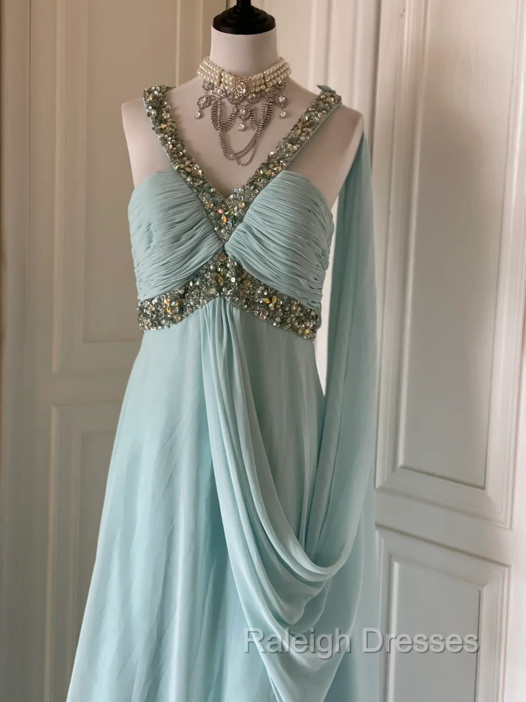 Gentle Tiffany Blue Chiffon V-Neck Beaded Sequin A-Line Long Prom Dress Wedding Evening Dress