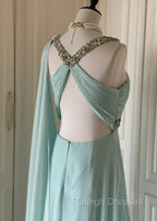 Gentle Tiffany Blue Chiffon V-Neck Beaded Sequin A-Line Long Prom Dress Wedding Evening Dress