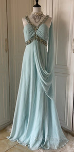 Gentle Tiffany Blue Chiffon V-Neck Beaded Sequin A-Line Long Prom Dress Wedding Evening Dress