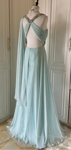 Gentle Tiffany Blue Chiffon V-Neck Beaded Sequin A-Line Long Prom Dress Wedding Evening Dress