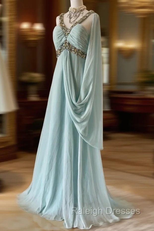 Gentle Tiffany Blue Chiffon V-Neck Beaded Sequin A-Line Long Prom Dress Wedding Evening Dress Main image